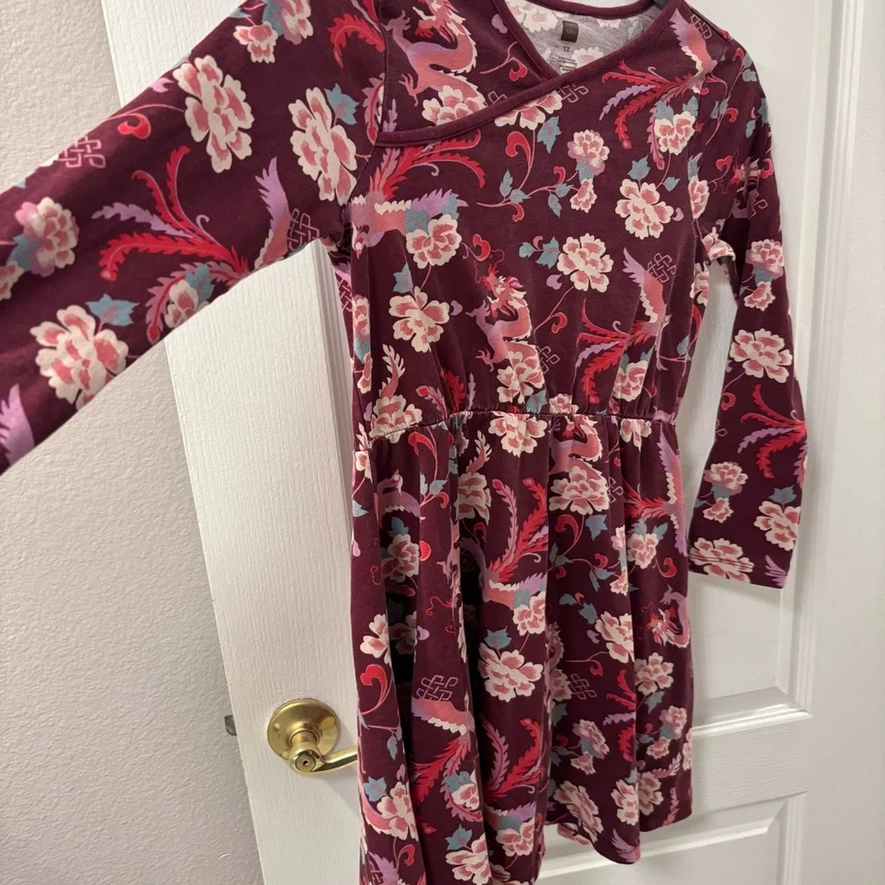 Tea Collection Girls  Burgundy Floral Long Sleeve  Dress  Girls size 12